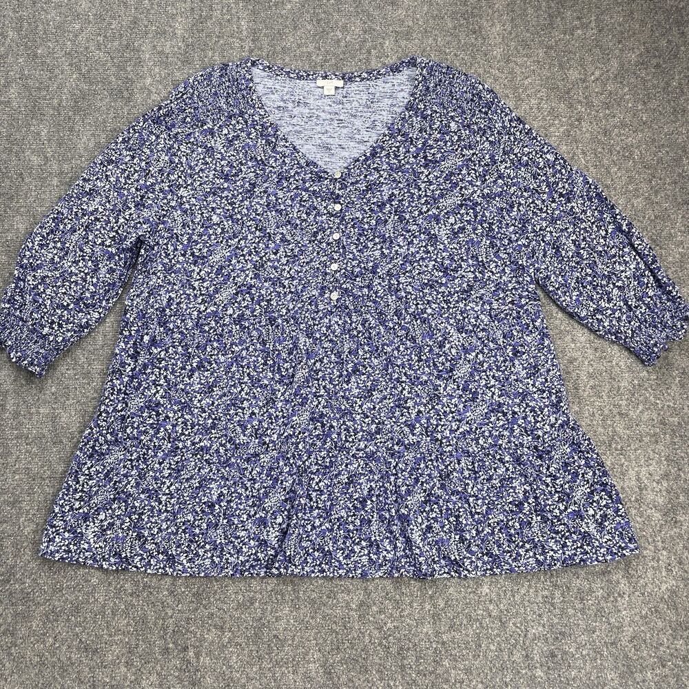J Jill Tunic Top Womens XL Purple Floral Tiered 3/4 Sleeve Cotton Blend